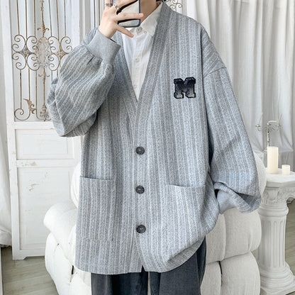 Bonsir Japanese Men's V-Neck Sweaters Autumn Winter Letter Graphic Unisex Knitted Cardigans College Oversized Casual Sweater