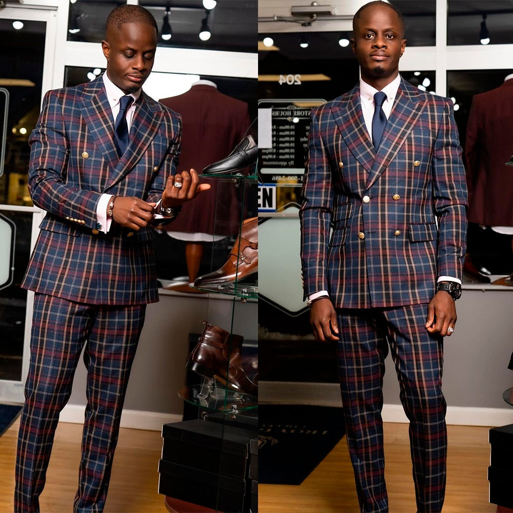 sanyamk Casual Men Suits With Two Button Two Pieces Jacket Pants Grid Custom Made Bridegroom Wedding Formal Occasiom