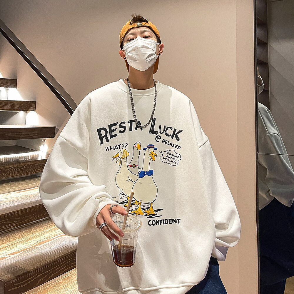 Bonsir Cartoon Duck Graphic Men's Sweatshirts Round Neck Loose Fashion Hoodies Unisex Jumpers Thicken Streetwear Pullovers