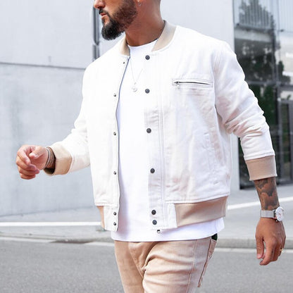 Bonsir Fashion Slim Fit Button-up Jackets For Men Autumn Casual Solid Color Crew Neck Cardigans Spring Mens Trend Long Sleeve Outerwear