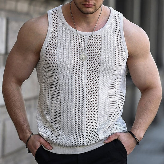 sanyamk Fashion Hollow Out Knit Tank Tops Mens Casual Solid Color Sleeveless O Neck Straps Knitted Vest Summer Men Vintage Slim Camisole