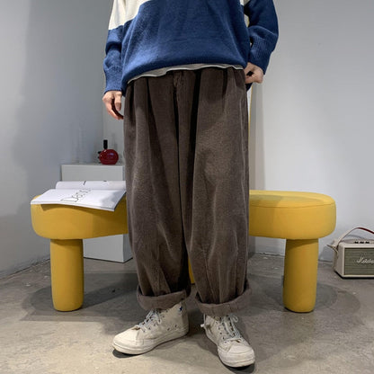 Bonsir Loose Corduroy Pants Men Solid Black Khaki Sweatpants Wide Leg Trousers Male Casual Streetwear Japanese Style Spring