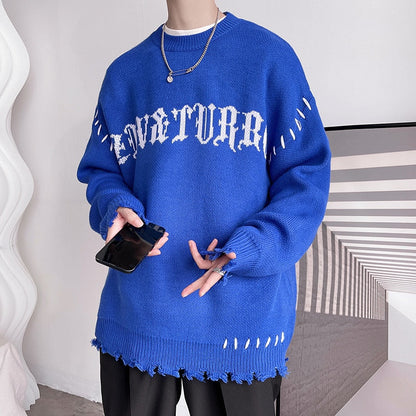 Bonsir High Street Ripped Men's Sweater Loose Fashion Brand Unisex Knitted Pullovers Round Neck Letter Autumn Knitwear