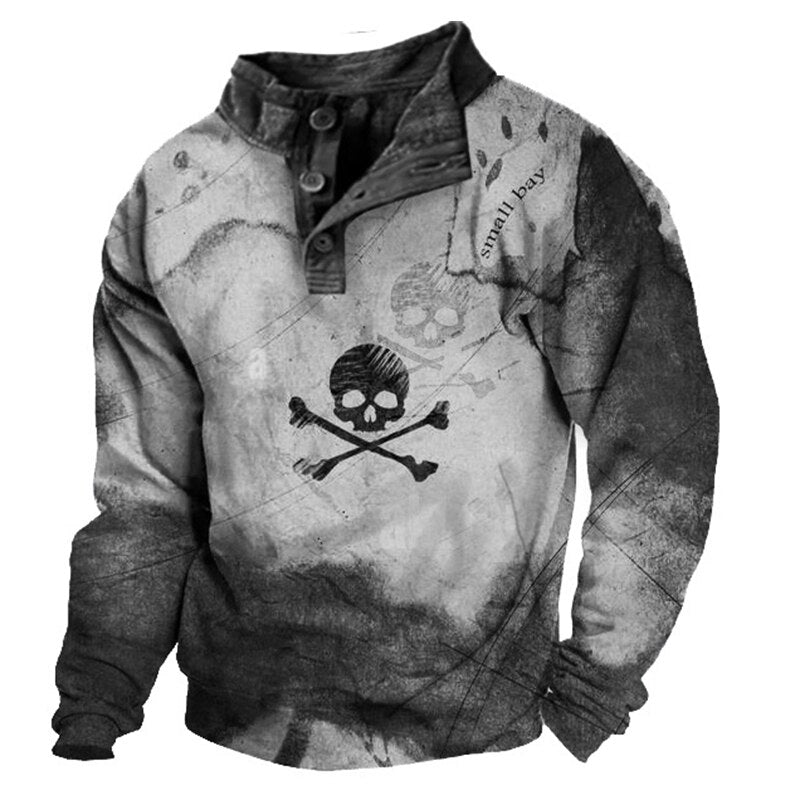 Bonsir Streetwear Mens Fashion Skull Printing Tops  Autumn Winter Long Sleeve Buttoned Stand Collar Pullovers Casual Mens T-Shirts