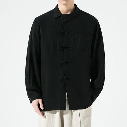 sanyamk Chinese Style Men's Buttoned Cotton and Linen Shirt Loose Retro Style Chinese Style Linen Tang Suit Zhongshan Long-sleeved Shirt