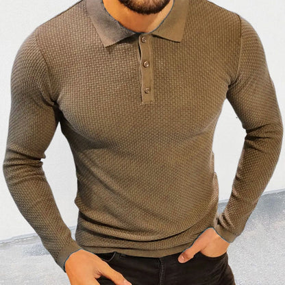 Bonsir Fall Men Polo Shirts Knitted Slim Elastic Long Sleeve Tops Vintage Solid Color Turn-down Collar Buttoned Pullover Men's T-Shirt