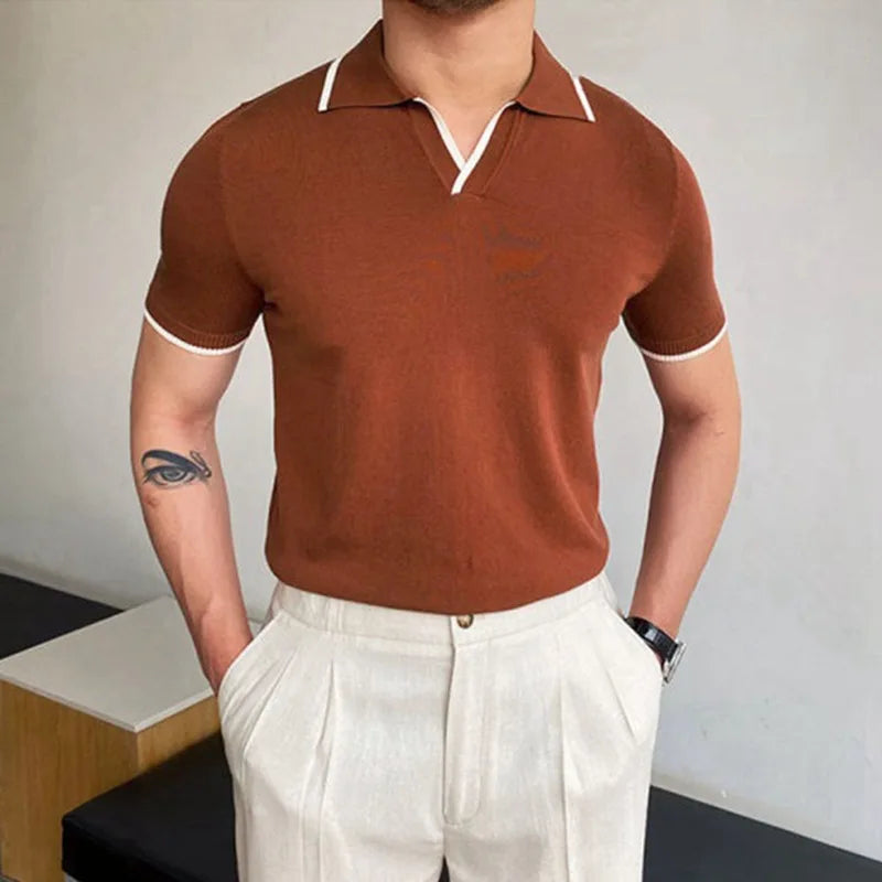 sanyamk Summer Clothing Men's Luxury Knitted Short Sleeve Polo Shirt Casual Lapel V Neck Solid Color Breathable Fashion Leisure Knitwear