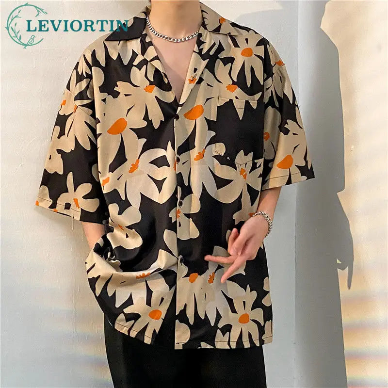 sanyamk Men's Light Mature Summer Beach Thin Blouse Shirt Hip Hop Versatile Casual Short Sleeve Fashion Male Loose Flower Print Shirts