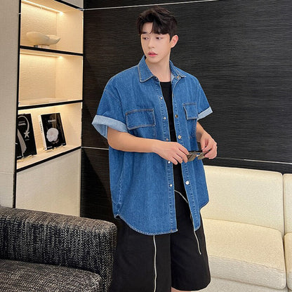 sanyamk Vintage Men's Denim Shirts Summer Korean Style Washed Short Sleeve Jacket Coat Fasion Male Casual Streetwear 2023 New