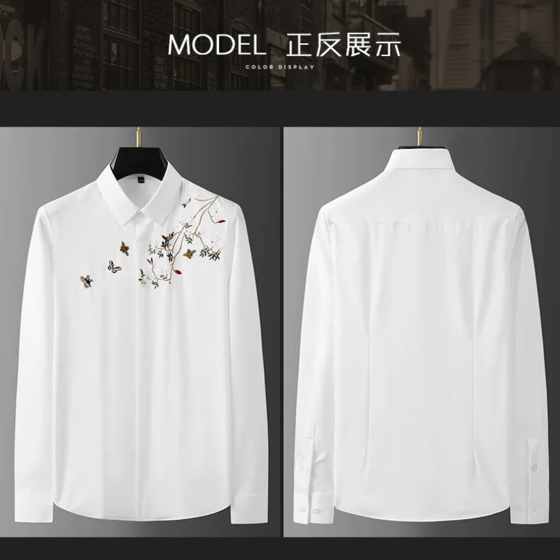 sanyamk New Spring and Autumn Premium Chinoiserie Embroidery Polo Long Sleeve Slim Fashion Casual Business Men's Versatile Shirt