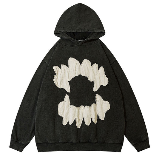 sanyamk Vintage Mens Hoodie Sweatshirt Y2K Grunge Hip Hop Ripped Embroidery Teeth Patch Hooded Streetwear Harajuku Punk Gothic Pullover