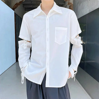 sanyamk Mens Y2k Spliced Casual Long-Sleeved Shirt 2024 New Genderless Functional Personality Solid Color Loose Hand Strap Top Unisex