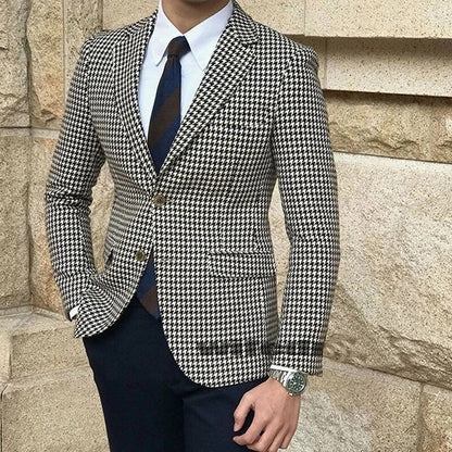 sanyamk Double Breasted Houndstooth Blazer for Men Peaked Lapel Custom Made Wedding Suit Jacket Male Fashion Coat