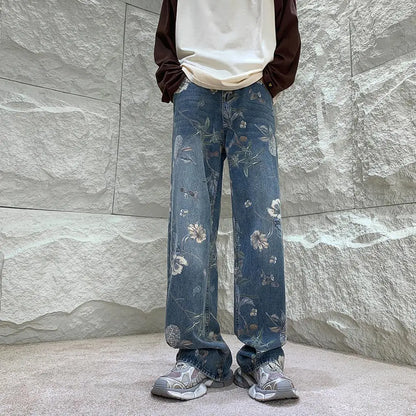 Bonsir Autumn Men Fashion Printed Jeans Denim Male Harajuku Trousers Korean Style High Street Loose Hip Hop Woman Wide-leg Jean Pants