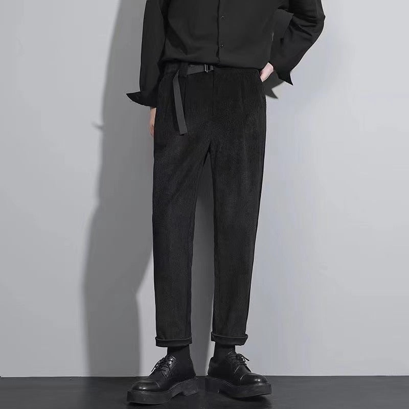 sanyamk Men's Corduroy Fabric Casual Pants Koreanfashion Trend Loose Straight Pants Belt One-piece High-quality Suit Pants 28-38