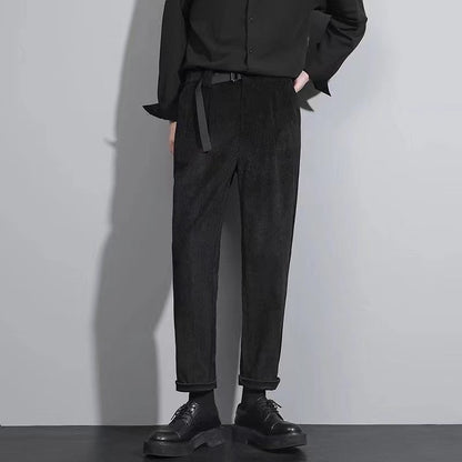 sanyamk Men's Corduroy Fabric Casual Pants Koreanfashion Trend Loose Straight Pants Belt One-piece High-quality Suit Pants 28-38