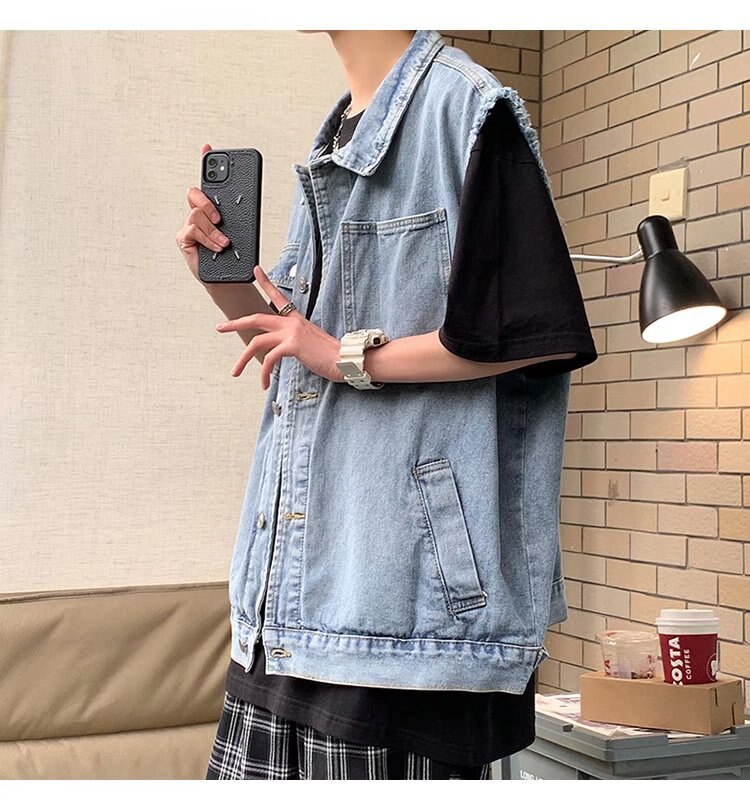 Bonsir Denim Sleeveless Jacket Men Fashion Oversized Harajuku Denim Jeans Casual Jeans Waistcoat Cowboy Hip Hop Streetwear Clothing