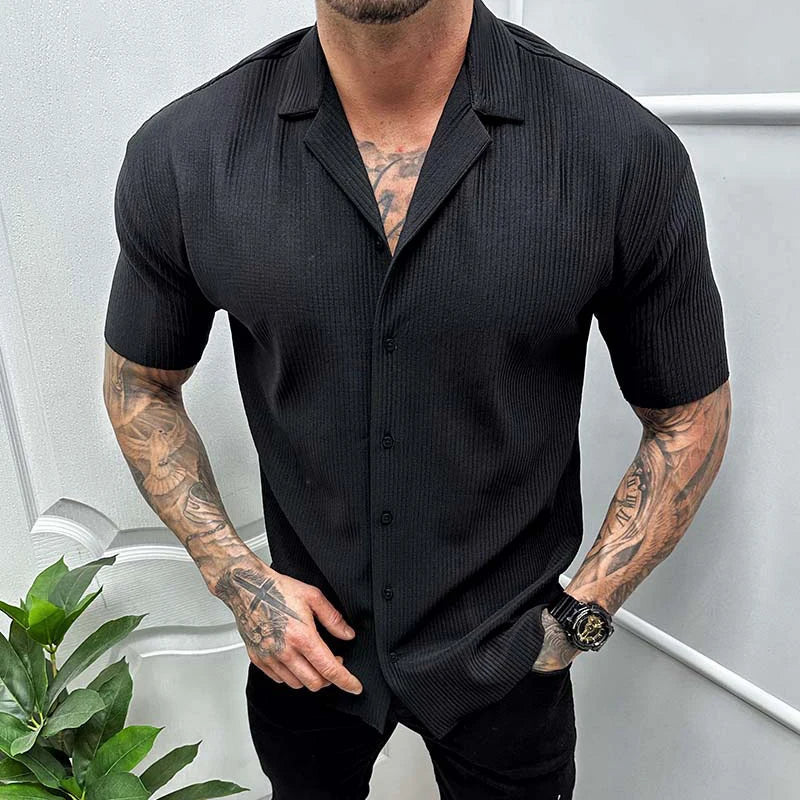 sanyamk Leisure Solid Color Ribbed Shirts Men Clothes Fashion Short Sleeve Lapel Button Shirt 2023 Spring Summer Men's Casual Streetwear