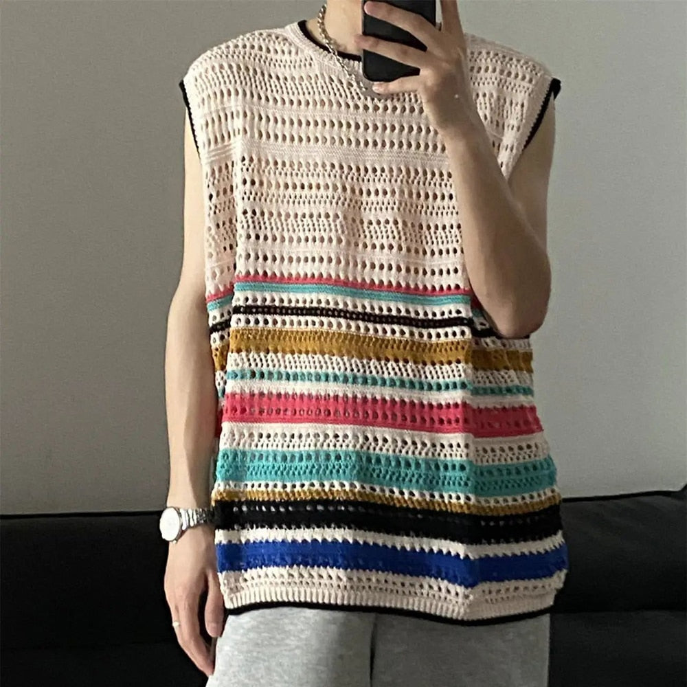 sanyamk New Trendy Mesh Tank Tops Men Stripe Vests Loose Knitted Hollow Out Top Male Casual Sleeveless O Neck Tee Y2k Streetwear Neutral