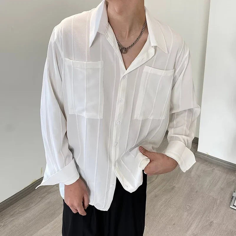 sanyamk  -  Spring Fashion See Through Mens Shirt Long Sleeve Loose Buttoned Lapel Top Shirts Men Clothes Vintage Striped Pleated Shirt