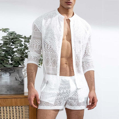 sanyamk New Arrivals Men Set Summer Sexy See Through Lace Outfits Beach Fashion Short Sleeved Tops And Shorts Mens Two Piece Suits