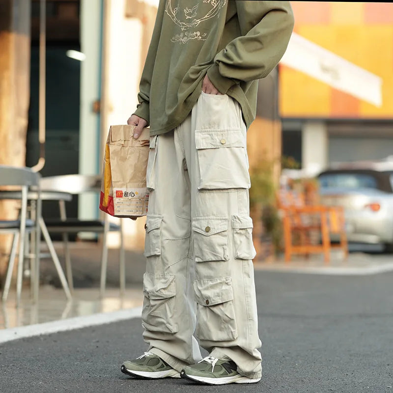 Bonsir Street Popular White Multi-pocket Overalls Men's Harajuku Style Loose Casual Pants High Street Retro Women’s Slacks Trousers