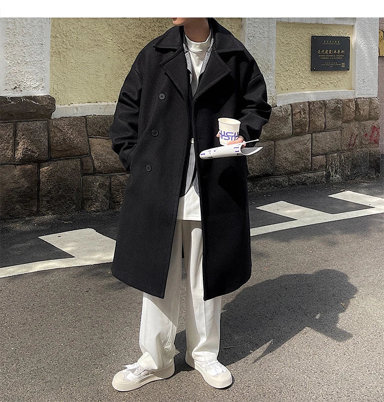 Bonsir Autumn/Winter Mid Length Woolen Coat Men's Thickened Windbreaker Overcoat Loose Large Handsome Parka Fashion Daily Men Clothing