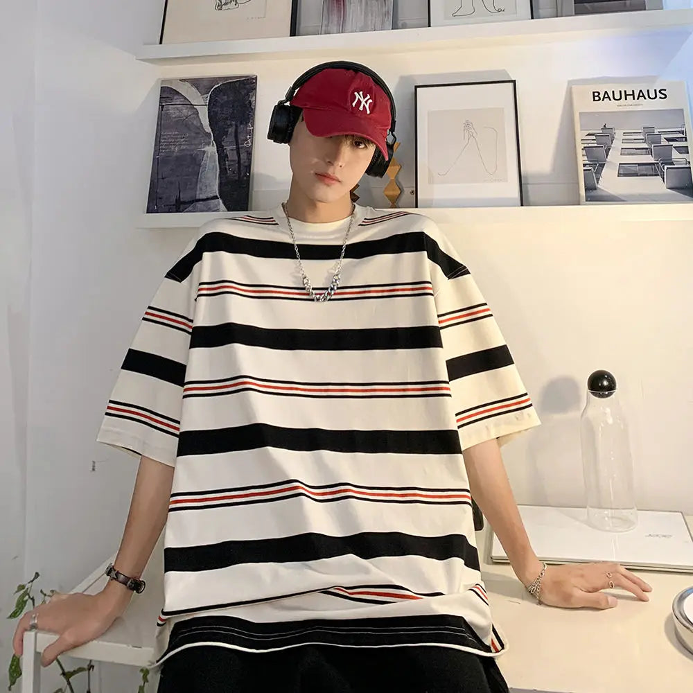 sanyamk Summer Street Men and Women Trendy Retro Stripe Round Neck Short Sleeve American Hip Hop Loose Casual T-shirt Top harajuku y2k