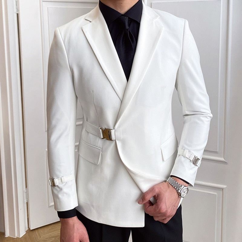 sanyamk Solid Metal Buckle Decoration Blazer For Men Party Wedding Banquet Blazer Italian Designer Suit Jacket Slim Fit Blazer Homme