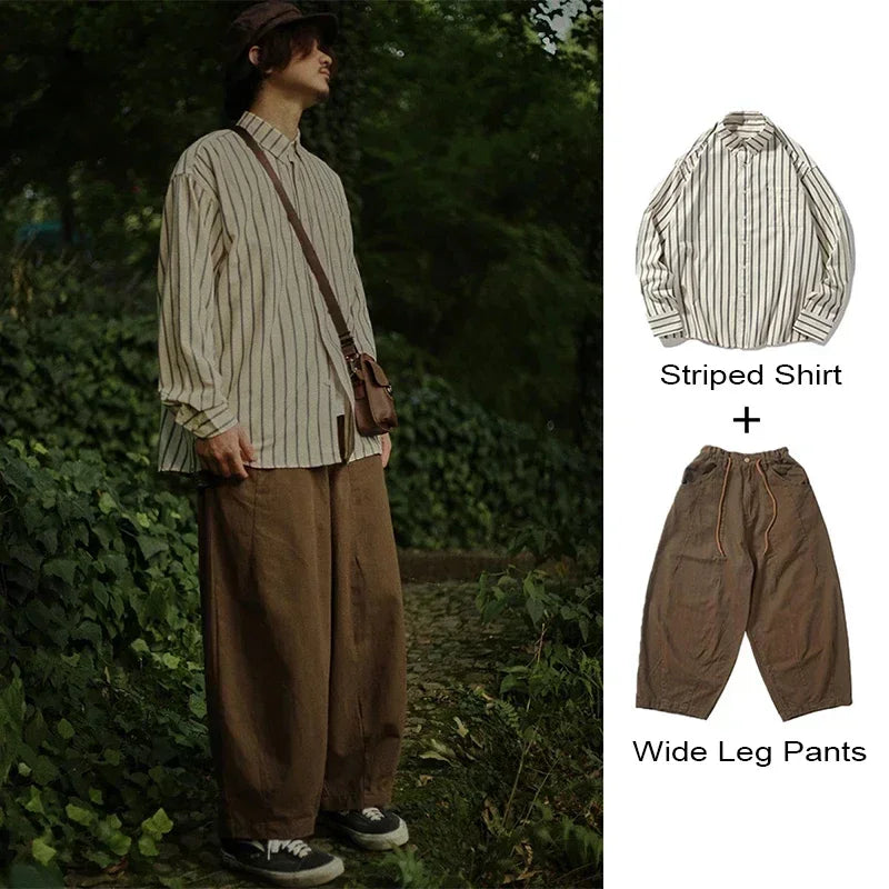 sanyamk Japanese Vintage Set Men Women Multi-pocket Cargo Vest Spring Autumn Striped Long-sleeved Shirt Loose Casual Pants Three-piece