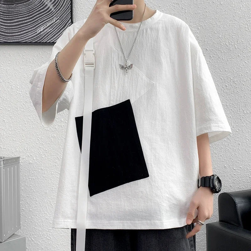 Bonsir Unique Pockets Design Mens Short Sleeve T Shirt White Loose  Summer Streetwear Top Tees