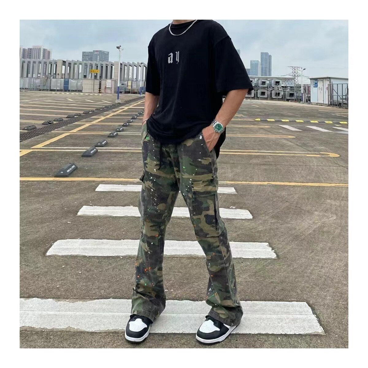 Bonsir Men's Streetwear Camouflage Printing Casual Pants Washed Hiphop Style Trousers Slim Fit Green Color Sweatpants Size S-4XL