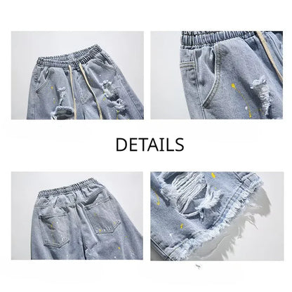 sanyamk Ripped Denim Shorts Men Baggy Retro Hip Hop  Summer Breathable Destroyed Streetwear Daily Raw Edge All-match Comfortable