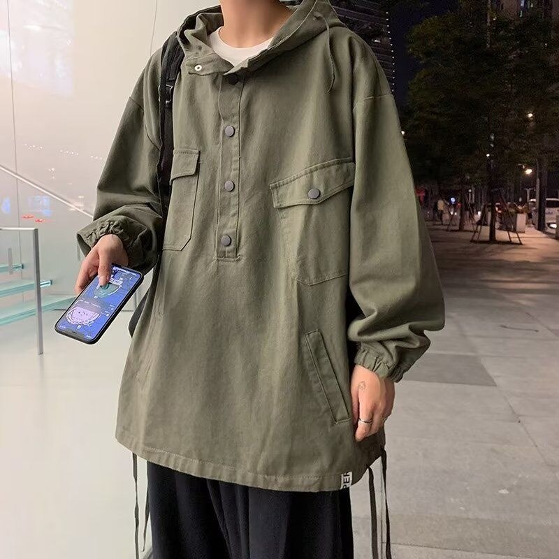 sanyamk Autumn Pullover Jackets Men Fashion Retro Pocket Hooded Jackets Mens Japanese Streetwear Hip Hop Loose Bomber Jacket Men M-3XL