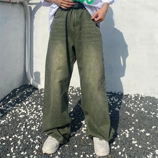 sanyamk Green Jeans Baggy Distressed Vintage Denim Trousers Male Wide Leg Pants Men Streetwear Retro Oversize Casual Hip Hop