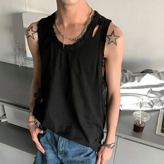 Bonsir Y2k Streetwear Undershirt Men's Trend Ripped Old Sports Vest Summer LGBT Unisex Casual Sweatshirt Solid Sleeveless Top T-shirt