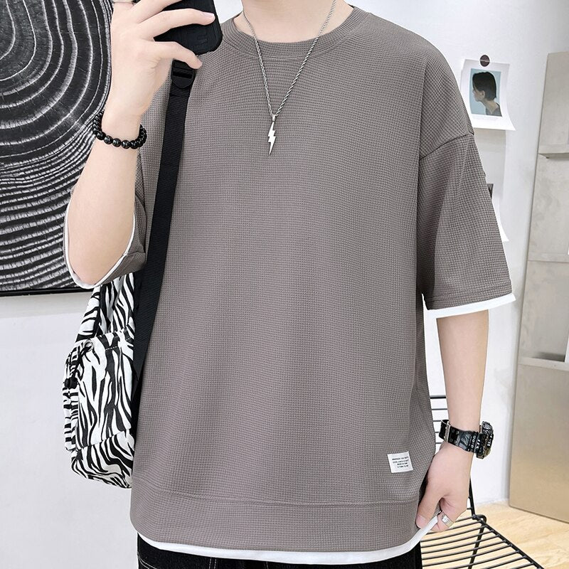 sanyamk Casual Men's Waffle Short-Sleeved T-Shirt Men's 2022 Summer New Simple Loose T-Shirt Fashion Round Neck Quick-Drying Men's Top