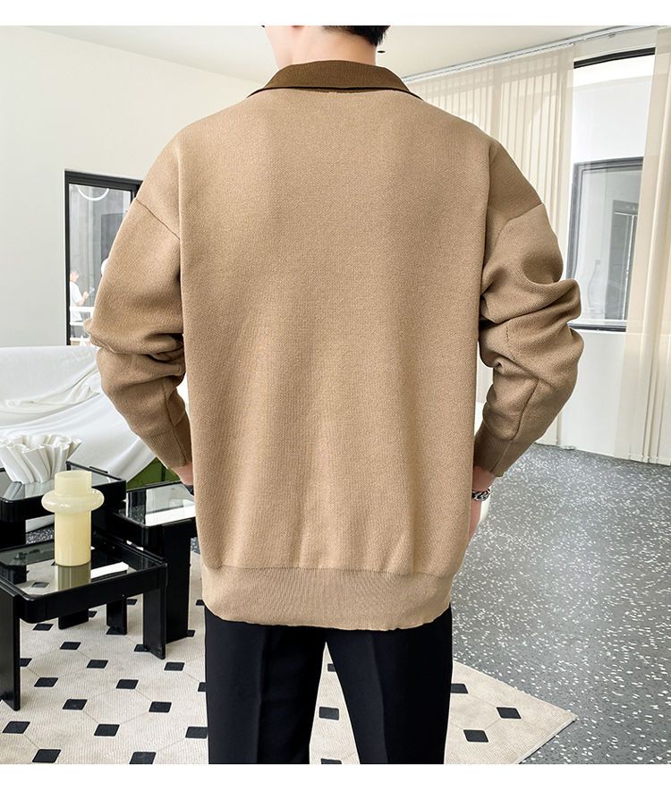 sanyamk Autumn New Knitted Sweater Men Business Casual Patchwork Polo Lapel Zipper Sweater Harajuku Mens Loose Japanese Pullove