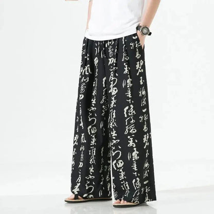 Bonsir Men Chinese Style Printed Characters Wide Leg Pants Summer Fashion Sports Baggy Tide Trousers Darkwear Letter Streetwear Unisex