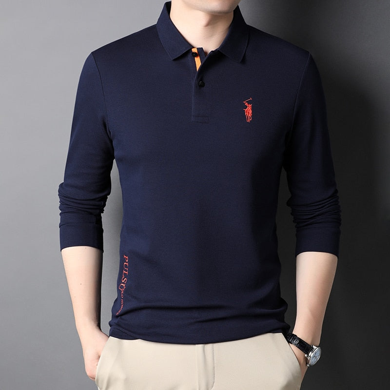 sanyamk Top Grade Cotton New Fashion Logo Designer Brand Luxury Mens Polo Shirt With Long Sleave Plain Casual Trendy Tops Men Clothes