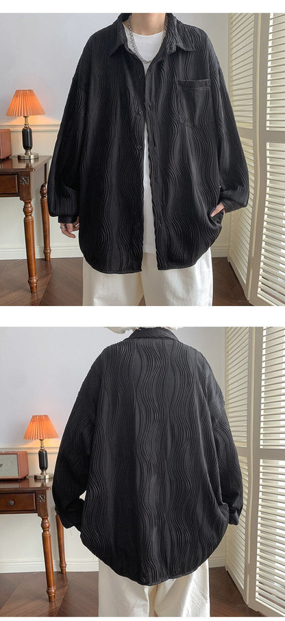 Bonsir Autumn Pleated Shirt Men Fashion 4-color Casual Ice Silk Shirt Mens Japanese Loose Long-sleeved Shirt Mens Large Size M-5XL