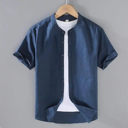 sanyamk Cotton Linen Hot Sale Men's Short-Sleeved Shirts Summer Streetwear Plain Color Stand Collar Casual Beach Style Plus Size M-3XL