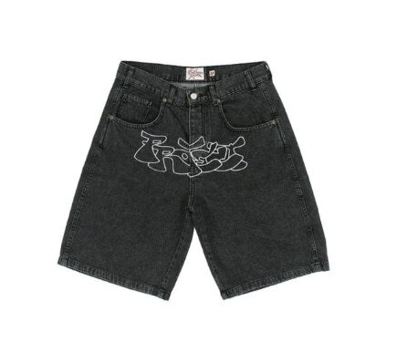 sanyamk American Street Dark Spider Denim Shorts Men European High Street Retro Washed Straight Vibe National Tide Five-point Pants