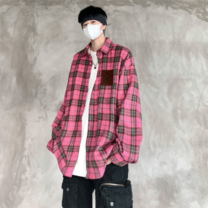 sanyamk Men's Vintage Plaid Blouses Turn-down Collar Dark Streetwear Spring New Male Shirts Long Sleeve Casual Unisex Tops