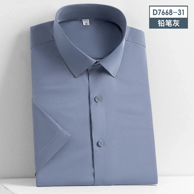 sanyamk  Summer Short Sleeve High Density Silky Material Solid  Elastic Business Men Dress Shirts No Pocket Stretch Clothes