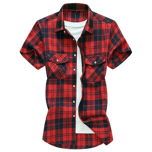 sanyamk Striped Plaid Short-sleeved Shirt Men's Single-breasted Square Collar Cotton Shirts Summer Fashion Casual Camisa Men Chemise 7XL