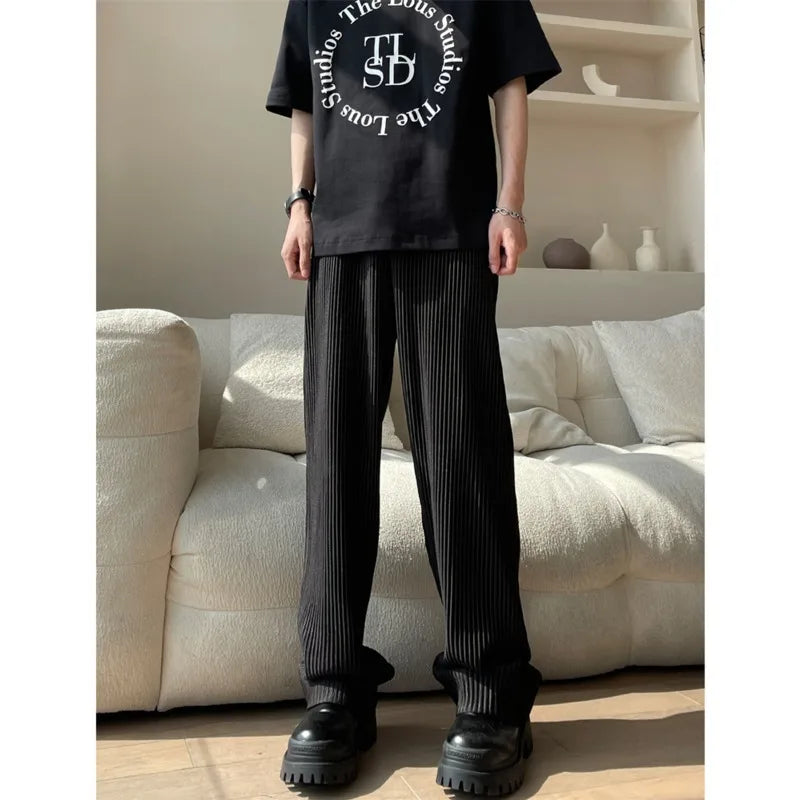 Bonsir Summer Pleated Pants Men Fashion Oversized Ice Silk Pants Men Japanese Streetwear Loose Straight Pants Mens Casual Trousers