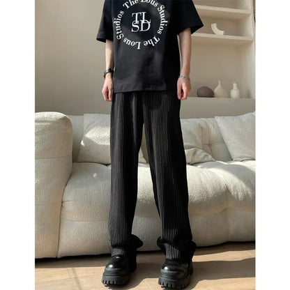 Bonsir Summer Pleated Pants Men Fashion Oversized Ice Silk Pants Men Japanese Streetwear Loose Straight Pants Mens Casual Trousers