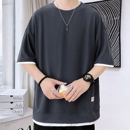 sanyamk Casual Men's Waffle Short-Sleeved T-Shirt Men's 2022 Summer New Simple Loose T-Shirt Fashion Round Neck Quick-Drying Men's Top