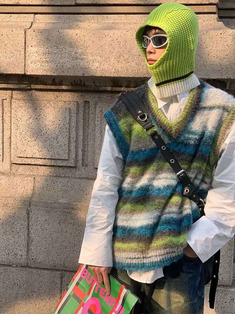 Bonsir Vintage Sweater Vest Men's Knitted Sleeveless Men Sweaters Retro V-neck Pullover Blue Japanese Streetwear Harajuku